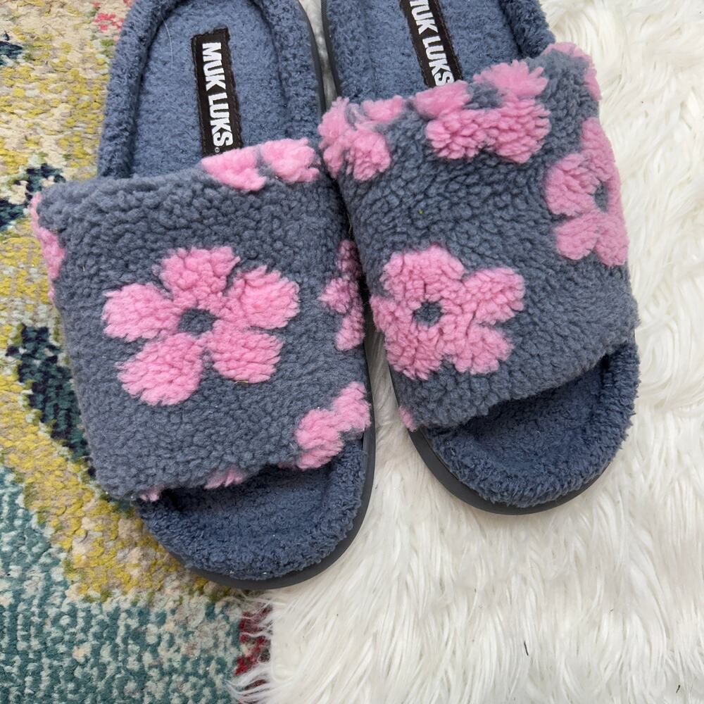 Muk Luks Marsai Slipper Large 9-10 Flower Floral Slip On Slide Fleece Cozy Gray - Picture 2 of 8